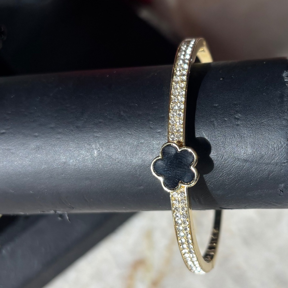 Gold-Tone Bracelet with Black Clover & Crystal Accents | New - Picture 2 of 4